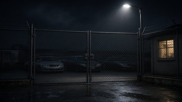 Locked vehicle storage yard gate at night under a floodlight