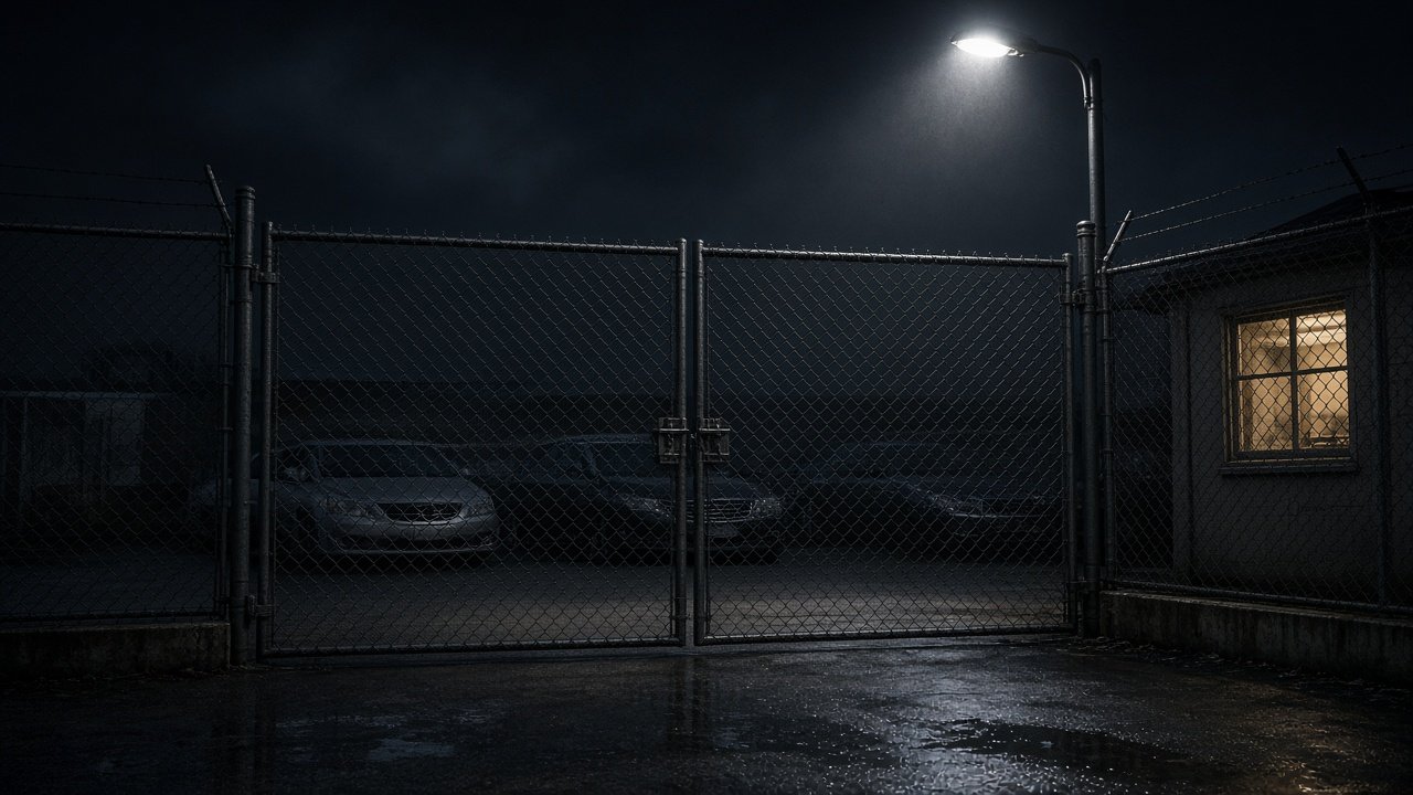 Locked vehicle storage yard gate at night under a floodlight