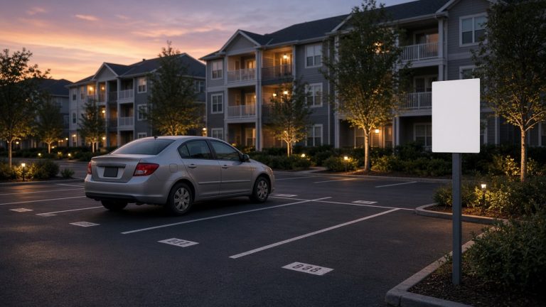 Apartment complex parking lot at dusk with numbered spaces and a blank sign