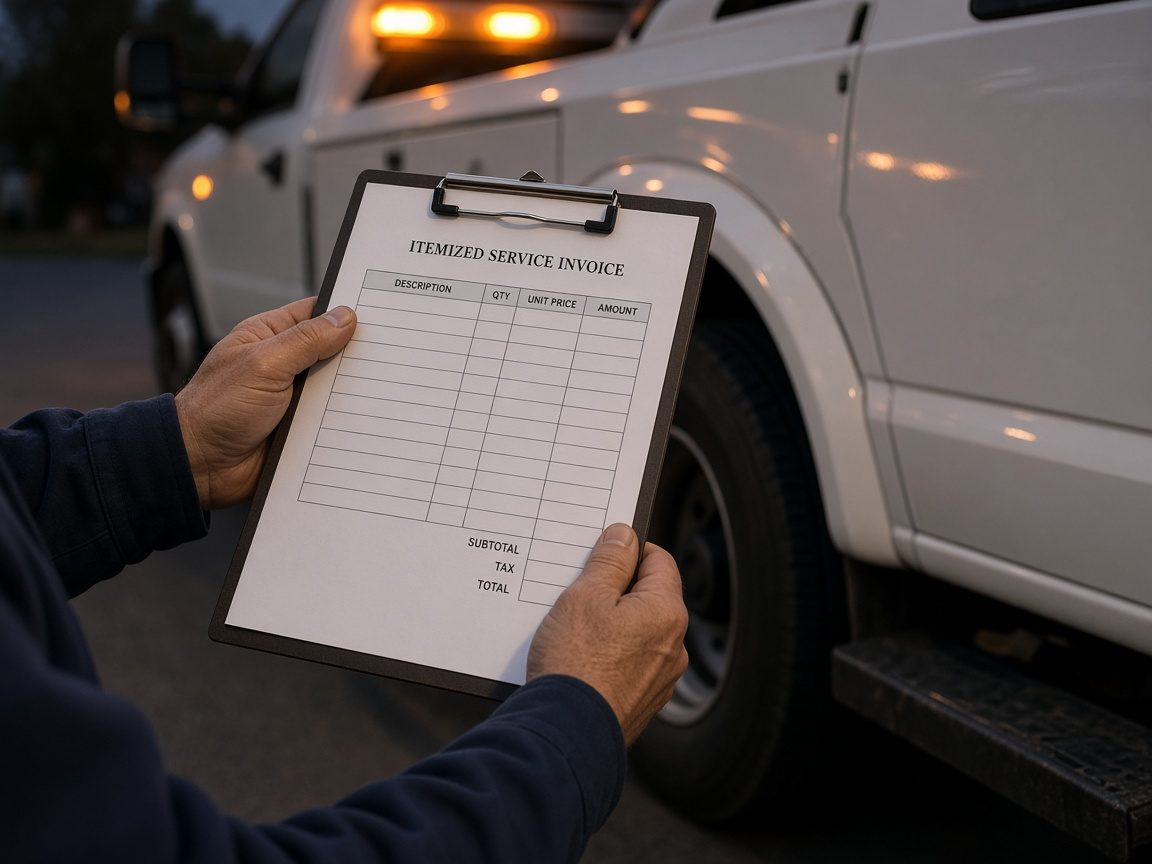 Person holding a clipboard with an itemized towing service invoice next to a vehicle