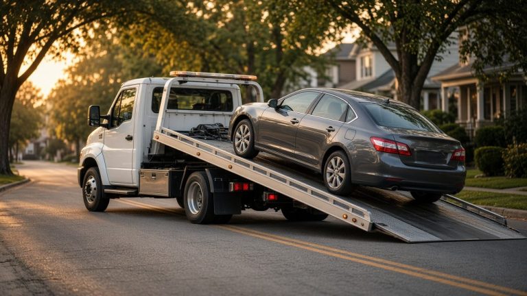 Gray sedan being winched onto a flatbed tow truck on a tree-lined residential street at sunset