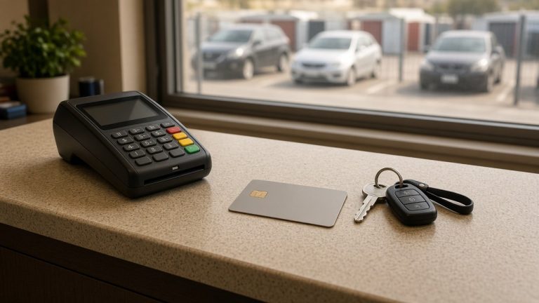 Card payment terminal and car keys on a tow yard office counter
