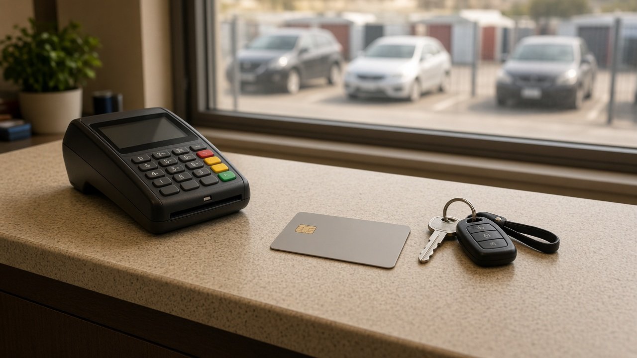 Card payment terminal and car keys on a tow yard office counter