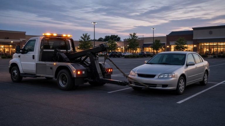 Tow truck with its hook attached to a silver sedan in a shopping center parking lot at dusk