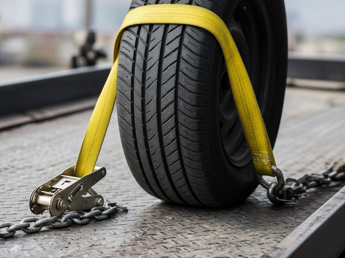 Close-up of a yellow wheel strap and ratchet securing a tire to a flatbed deck