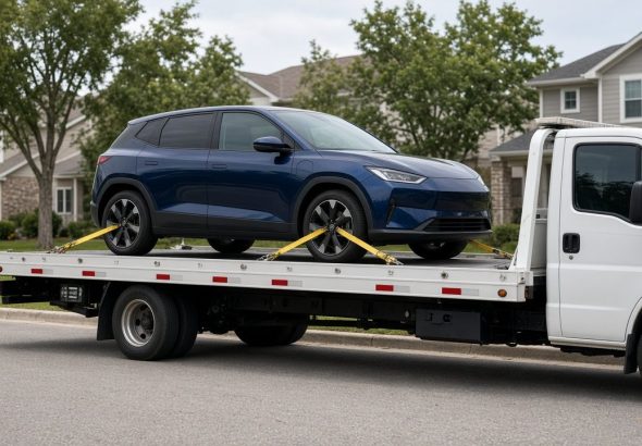 Blue electric SUV secured on a flatbed tow truck parked on a suburban street