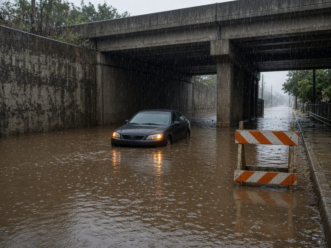 Car stalled in floodwater beneath a freeway underpass next to barricades during heavy rain