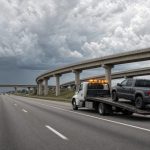 Flatbed tow truck carrying a pickup on a Houston-area freeway under storm clouds