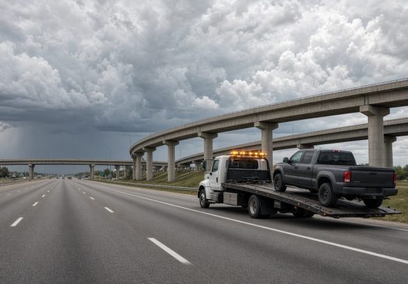 Flatbed tow truck carrying a pickup on a Houston-area freeway under storm clouds