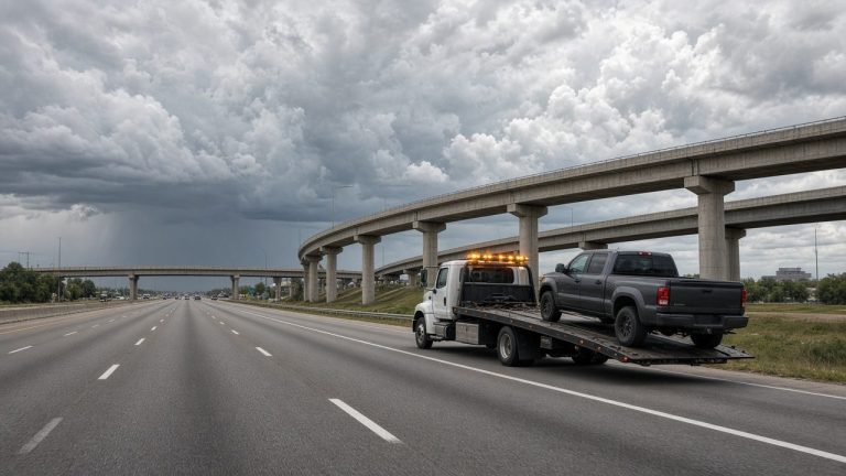 Flatbed tow truck carrying a pickup on a Houston-area freeway under storm clouds