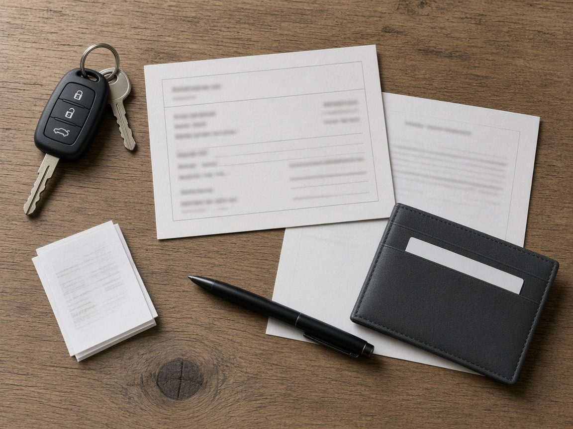 Car key, vehicle registration papers, insurance card, wallet and pen laid out on a wooden table