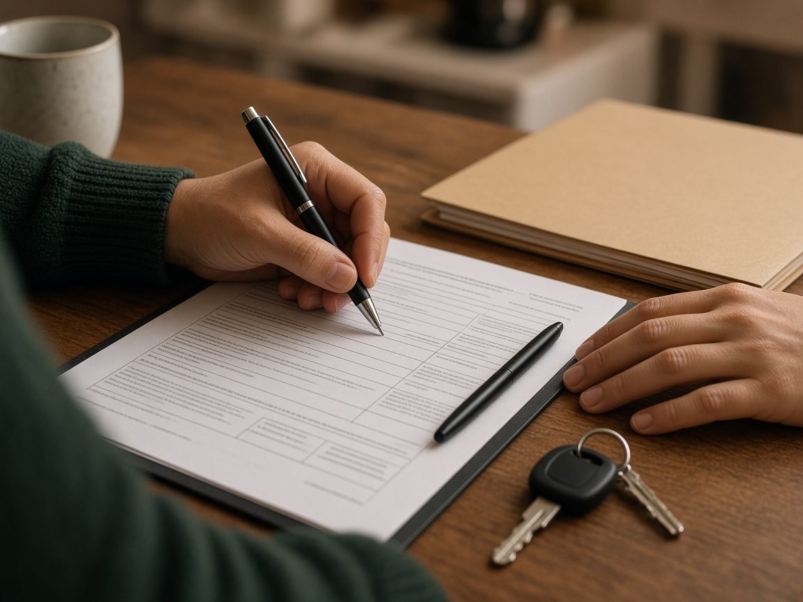Person filling out vehicle title and bill of sale paperwork at a desk with car keys nearby