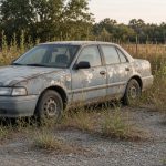 Old weathered sedan sitting in tall dry grass at the edge of a field