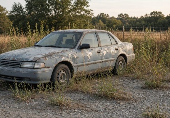 Old weathered sedan sitting in tall dry grass at the edge of a field