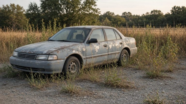 Old weathered sedan sitting in tall dry grass at the edge of a field