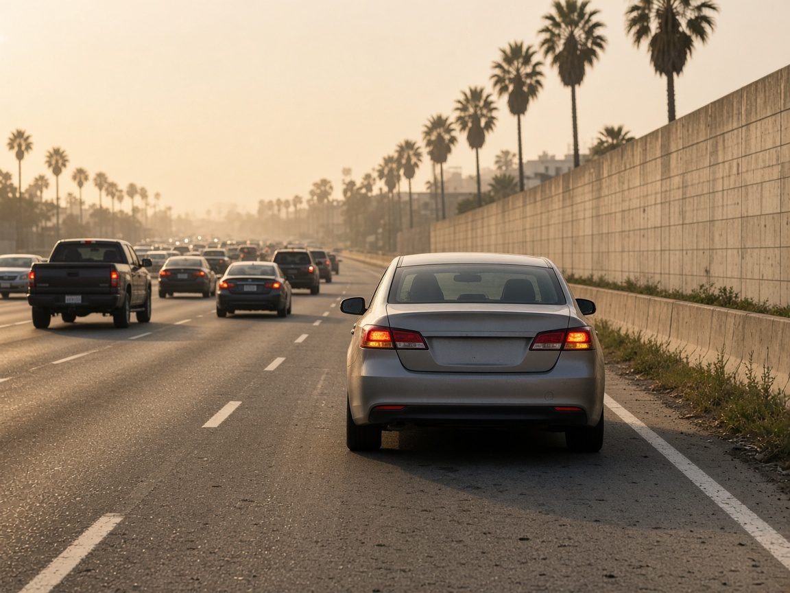 Traffic on a Southern California freeway with a sedan in the right lane and palm trees along the sound wall