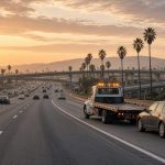 Flatbed tow truck and cars on a palm-lined Los Angeles-area freeway at sunset