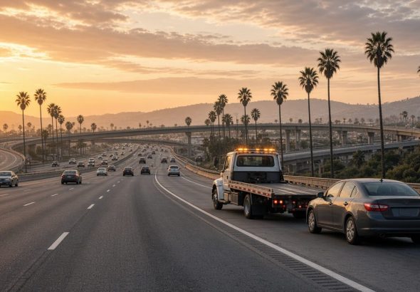 Flatbed tow truck and cars on a palm-lined Los Angeles-area freeway at sunset