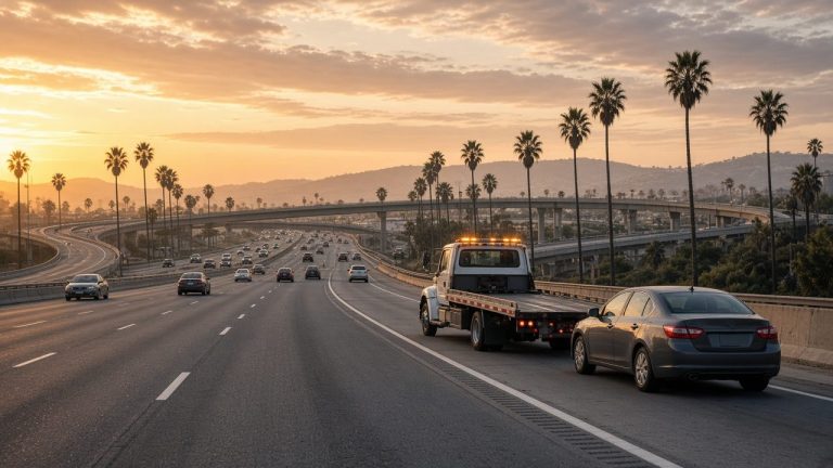 Flatbed tow truck and cars on a palm-lined Los Angeles-area freeway at sunset