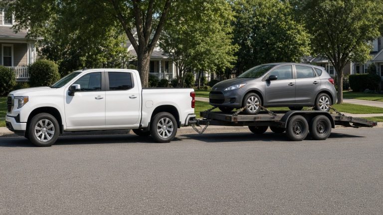 White pickup truck towing a gray hatchback on a car trailer along a residential street