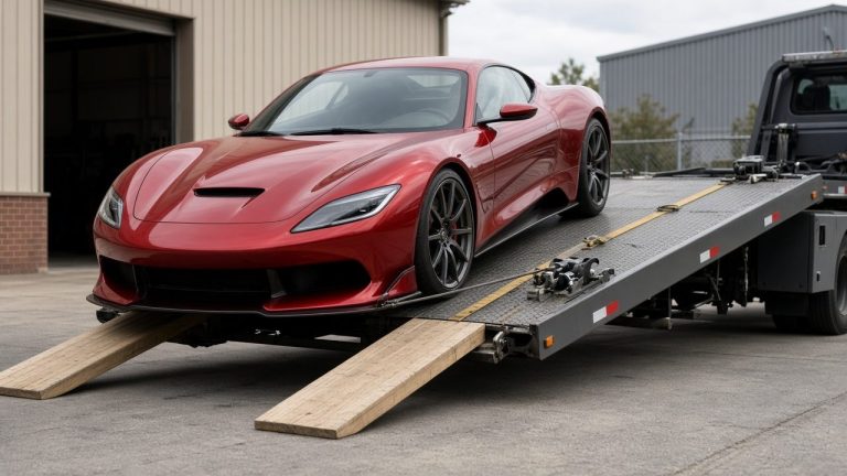 Red low-slung sports car on a flatbed with wooden ramp boards to protect its low front end