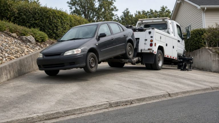 Gray sedan being pulled up onto a tow truck on a steep residential driveway