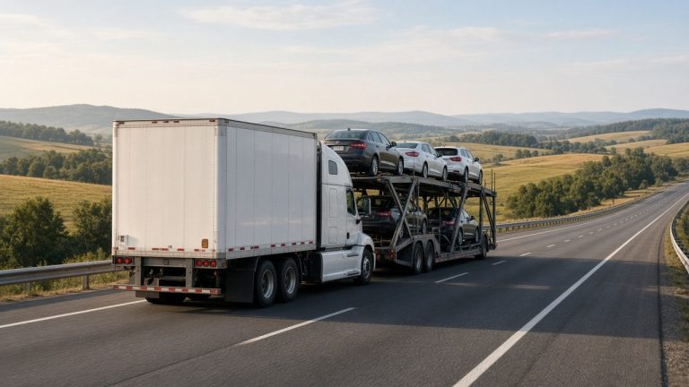 Car carrier truck loaded with vehicles driving on a rural interstate highway
