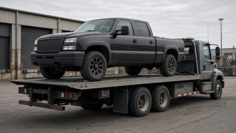 Dark full-size pickup truck loaded on a heavy-duty flatbed tow truck in an industrial yard