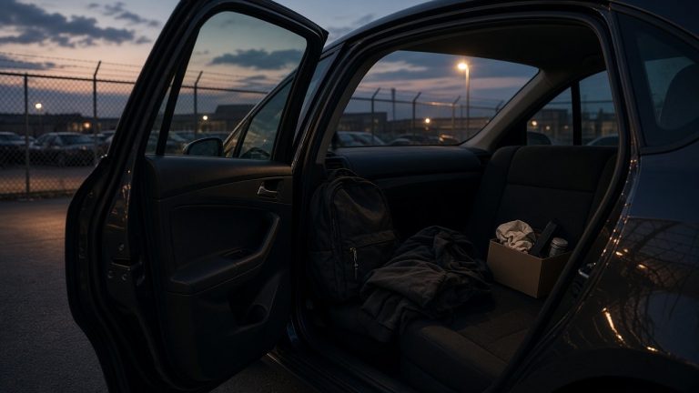 Open car door at a tow storage lot with personal belongings on the seat