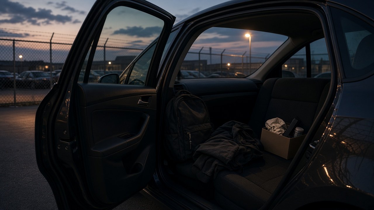 Open car door at a tow storage lot with personal belongings on the seat