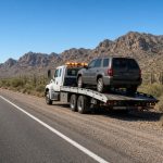 Flatbed tow truck carrying an SUV on a desert highway with saguaro cacti and mountains