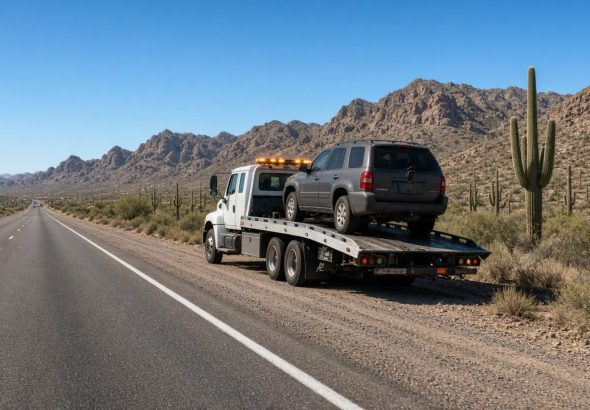 Flatbed tow truck carrying an SUV on a desert highway with saguaro cacti and mountains