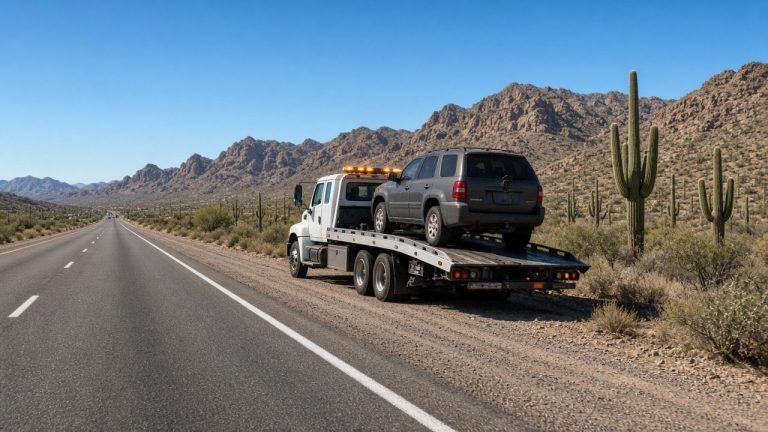Flatbed tow truck carrying an SUV on a desert highway with saguaro cacti and mountains