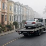 Flatbed tow truck carrying a car down a steep hilly city street