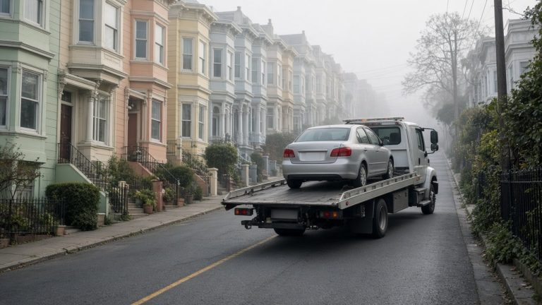 Flatbed tow truck carrying a car down a steep hilly city street