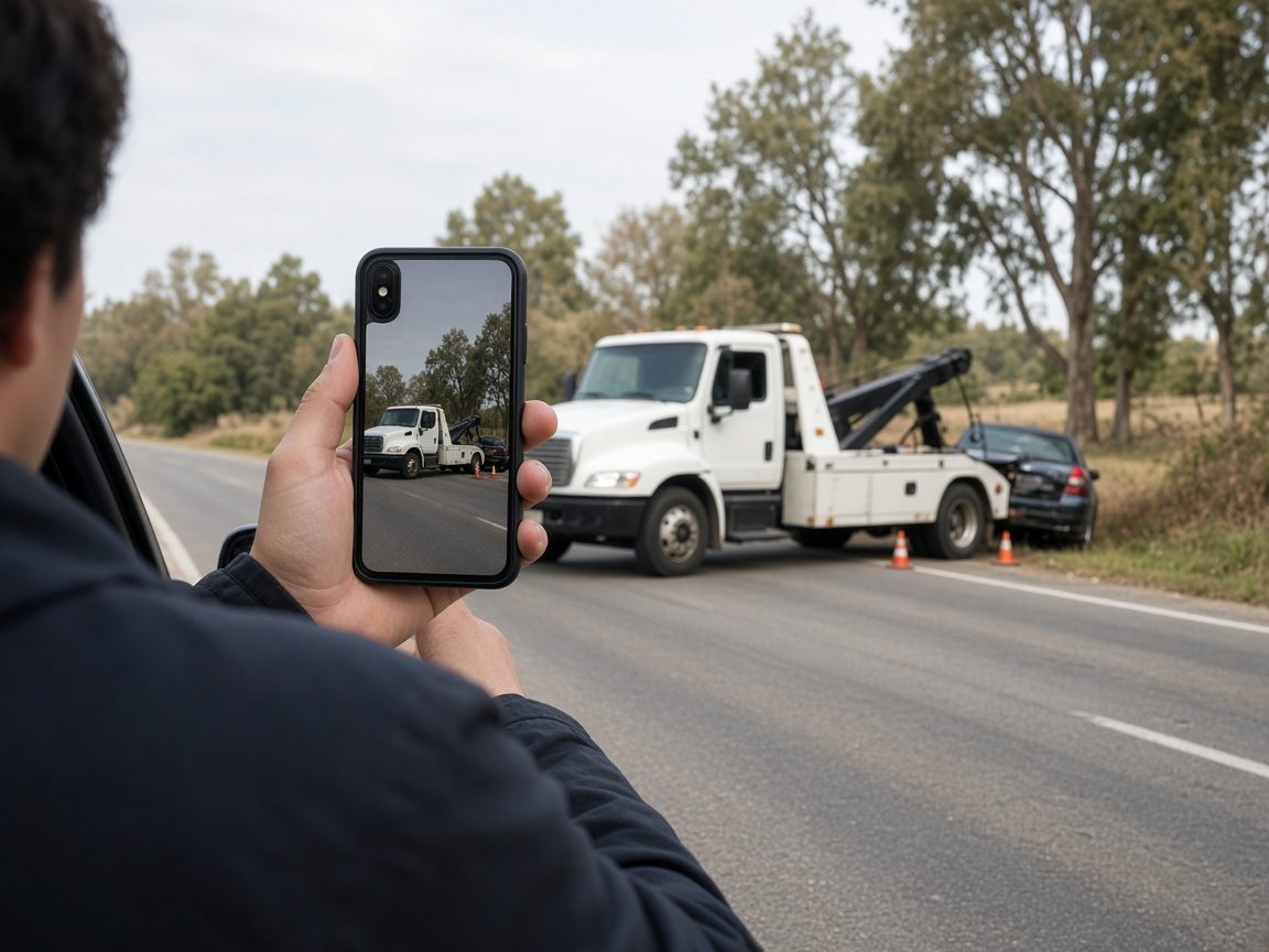 Driver photographing an arriving tow truck with a smartphone at a roadside scene