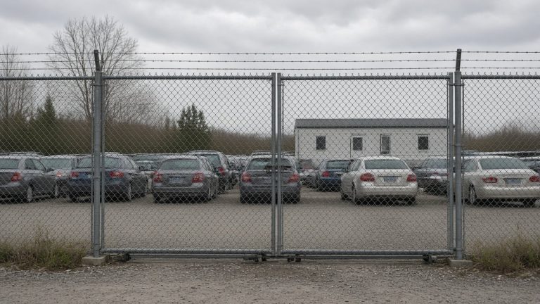 Rows of stored cars behind the closed chain-link gate of a vehicle storage yard