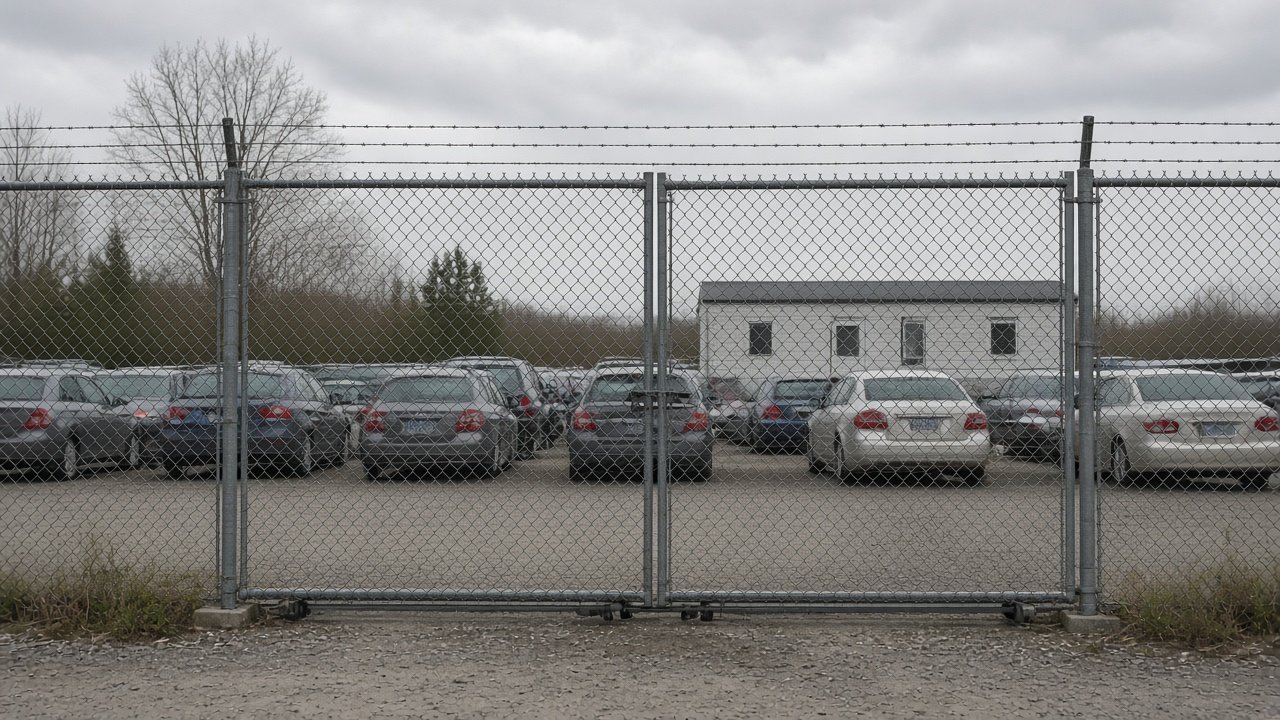 Rows of stored cars behind the closed chain-link gate of a vehicle storage yard