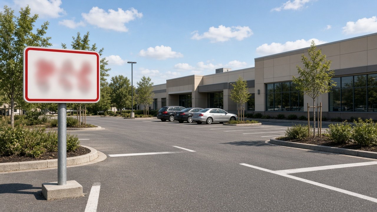 Parking lot entrance with a blank tow-away warning sign